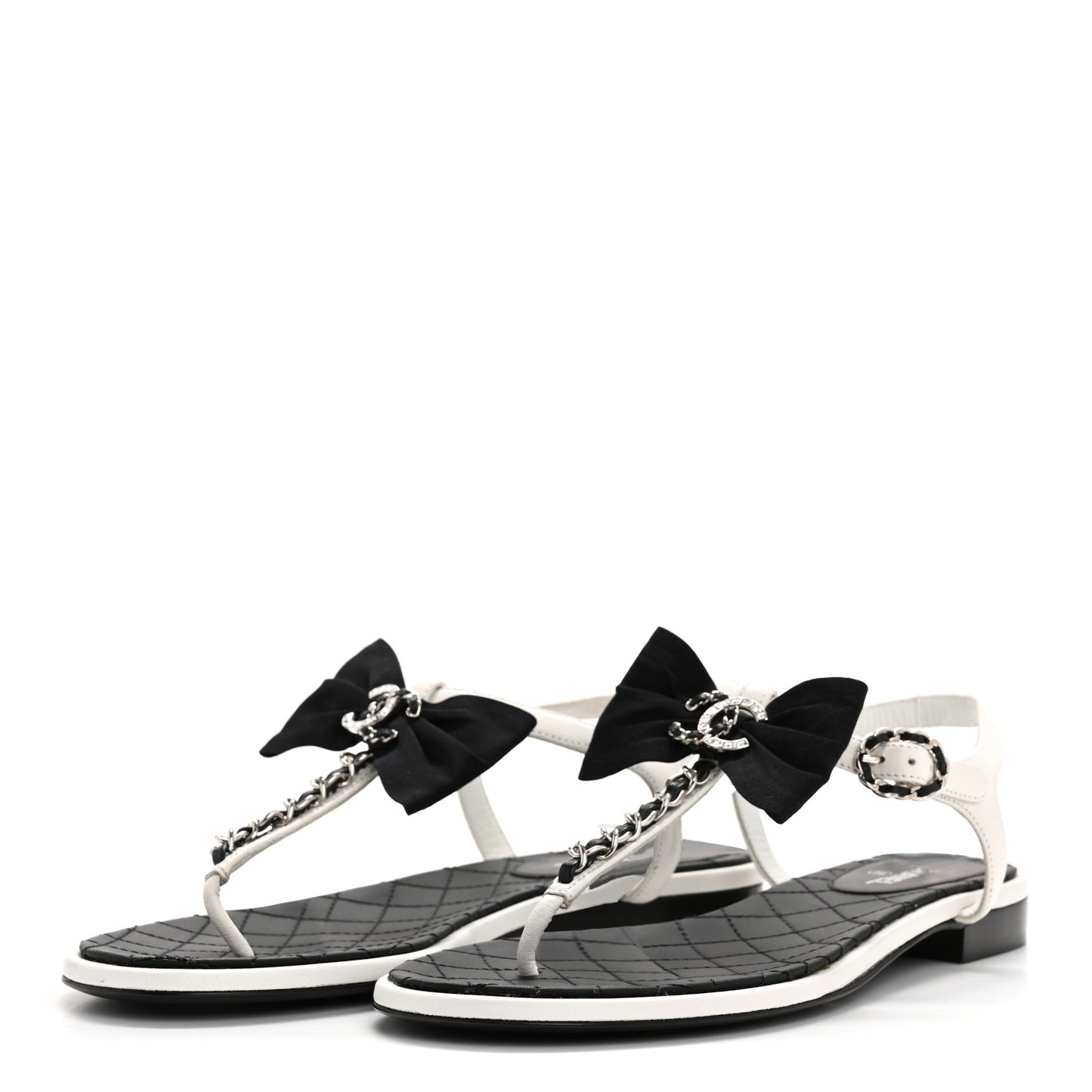Lambskin Crystal Chain CC Logo Thong Sandals 38 White