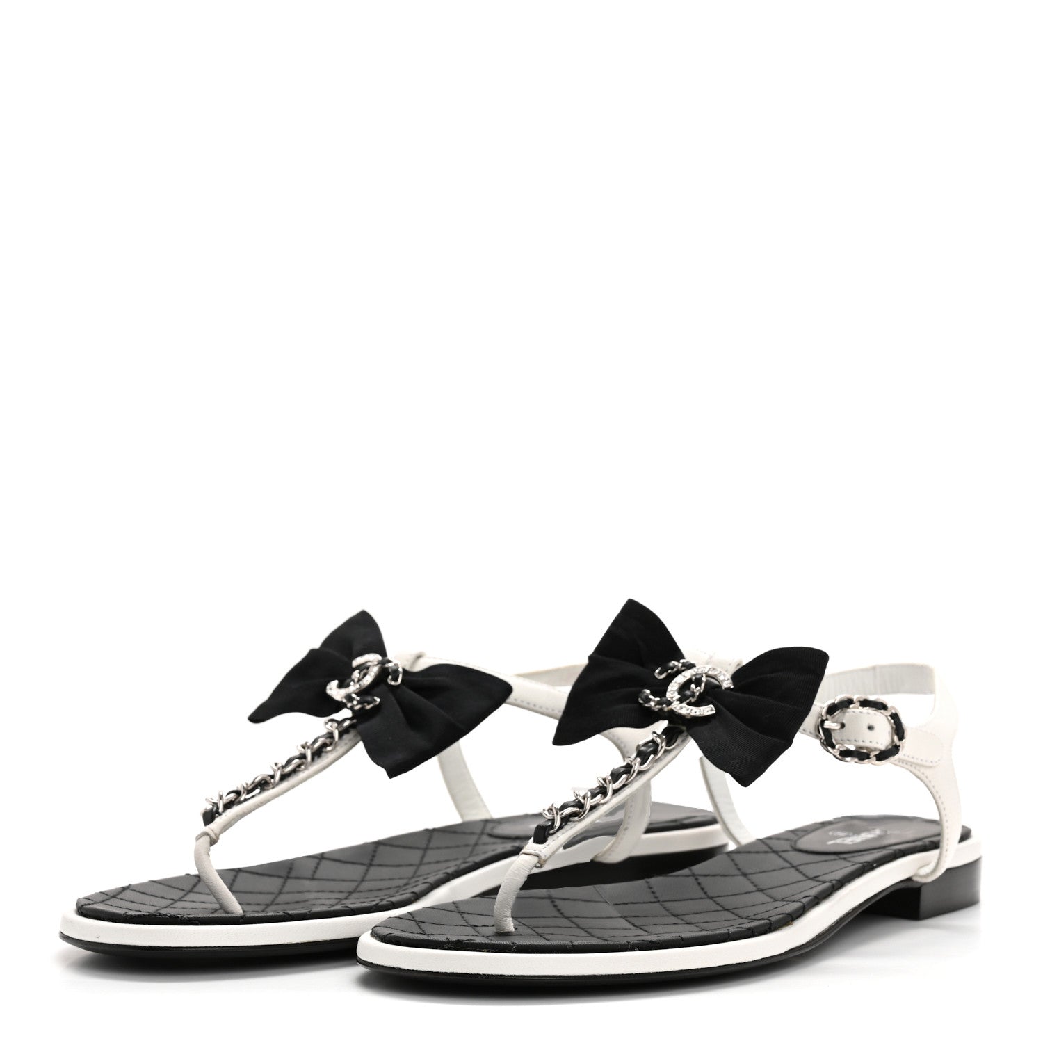 Chanel Lambskin Crystal Chain CC Logo Thong Sandals 38 White 4 of 10