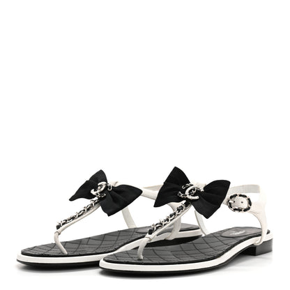 Chanel Lambskin Crystal Chain CC Logo Thong Sandals 38 White 4 of 10
