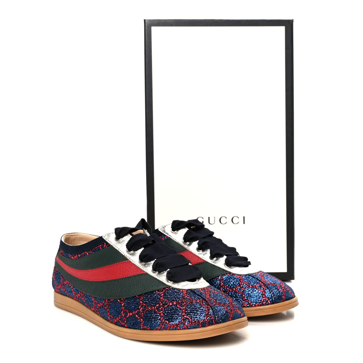 Lurex Calfskin Web GG Monogram Mens Falacer Sneakers 8.5 Iridescent Blue Iridescent Red Silver