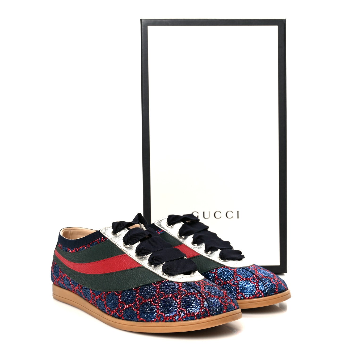 Gucci Lurex Calfskin Web GG Monogram Mens Falacer Sneakers 8.5 Iridescent Blue Iridescent Red Silver 11 of 11