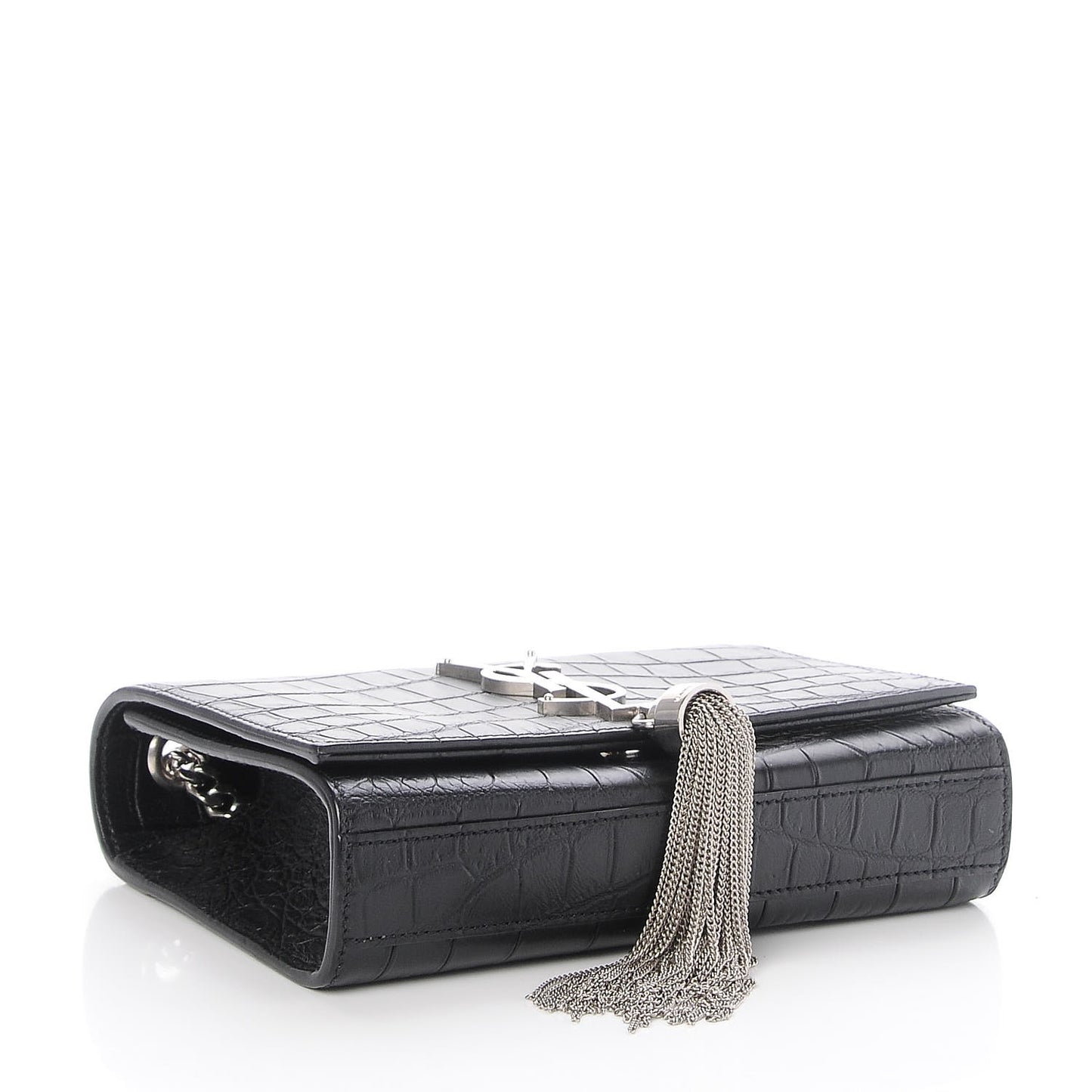 Calfskin Crocodile Embossed Monogram Small Kate Tassel Satchel Black