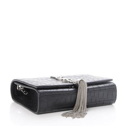 Saint Laurent Calfskin Crocodile Embossed Monogram Small Kate Tassel Satchel Black 4 of 7