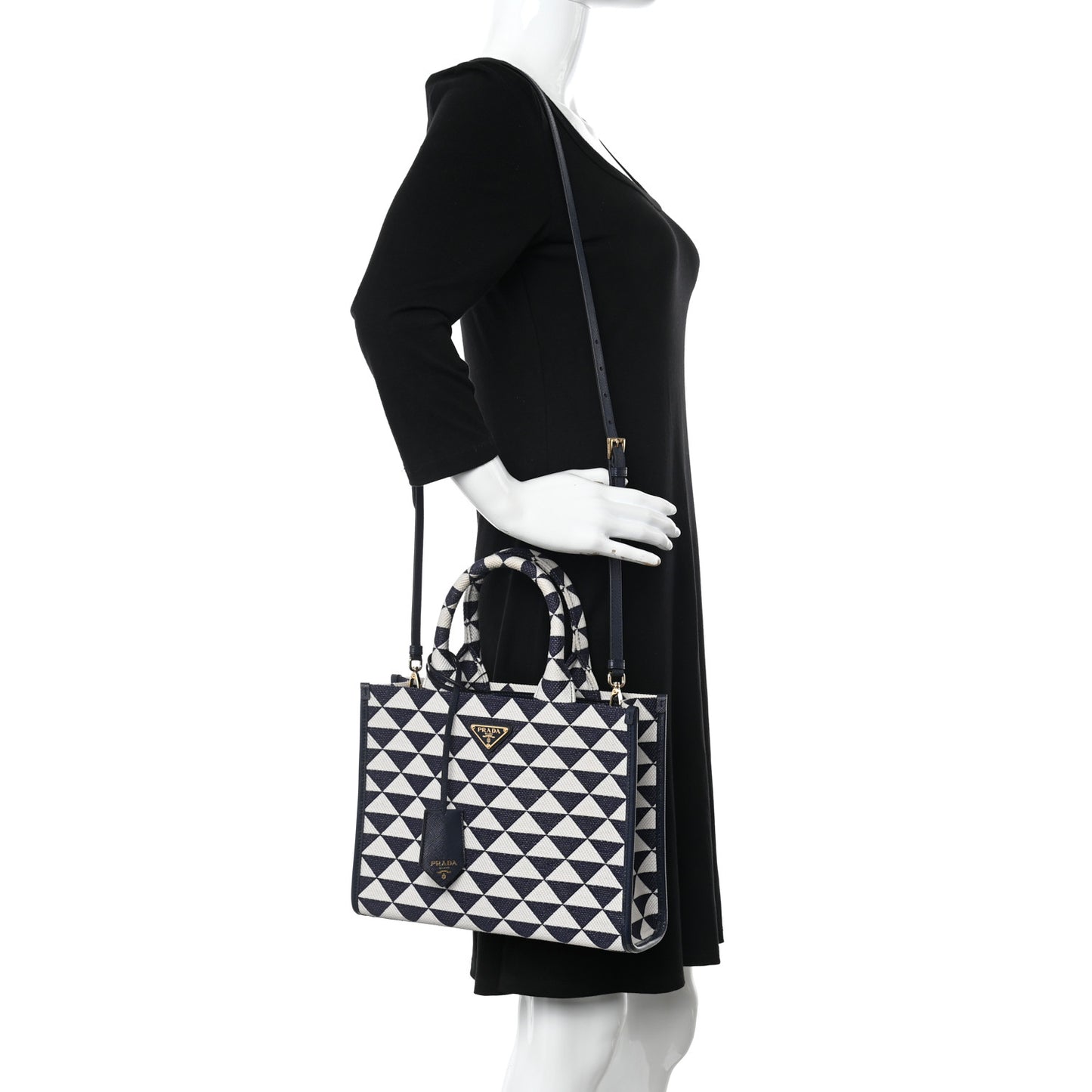 Jacquard Saffiano Triangolo Symbole Embroidered Small Tote Baltico Talco