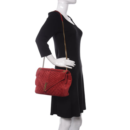 Saint Laurent Suede Mixed Matelasse Triquilt Large Monogram Envelope Satchel Red 2 of 10