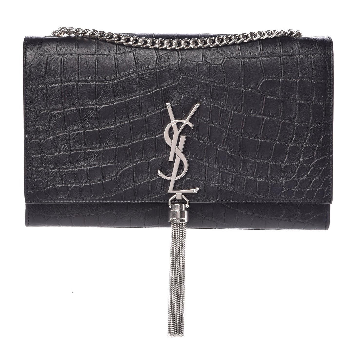 Calfskin Crocodile Embossed Medium Classic Monogram Kate Tassel Satchel Black