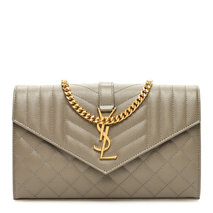 Saint Laurent Grain De Poudre Mixed Matelasse Triquilt Monogram Chain Wallet Dark Beige 1 of 9