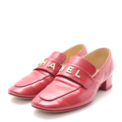 Chanel Shiny Calfskin Logo Loafers 36.5 Red 4 of 9