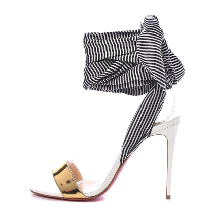 Christian Louboutin Patent Specchio Crepe Satin Du Desert 100 Sandal 39.5 Black White Gold 1 of 8