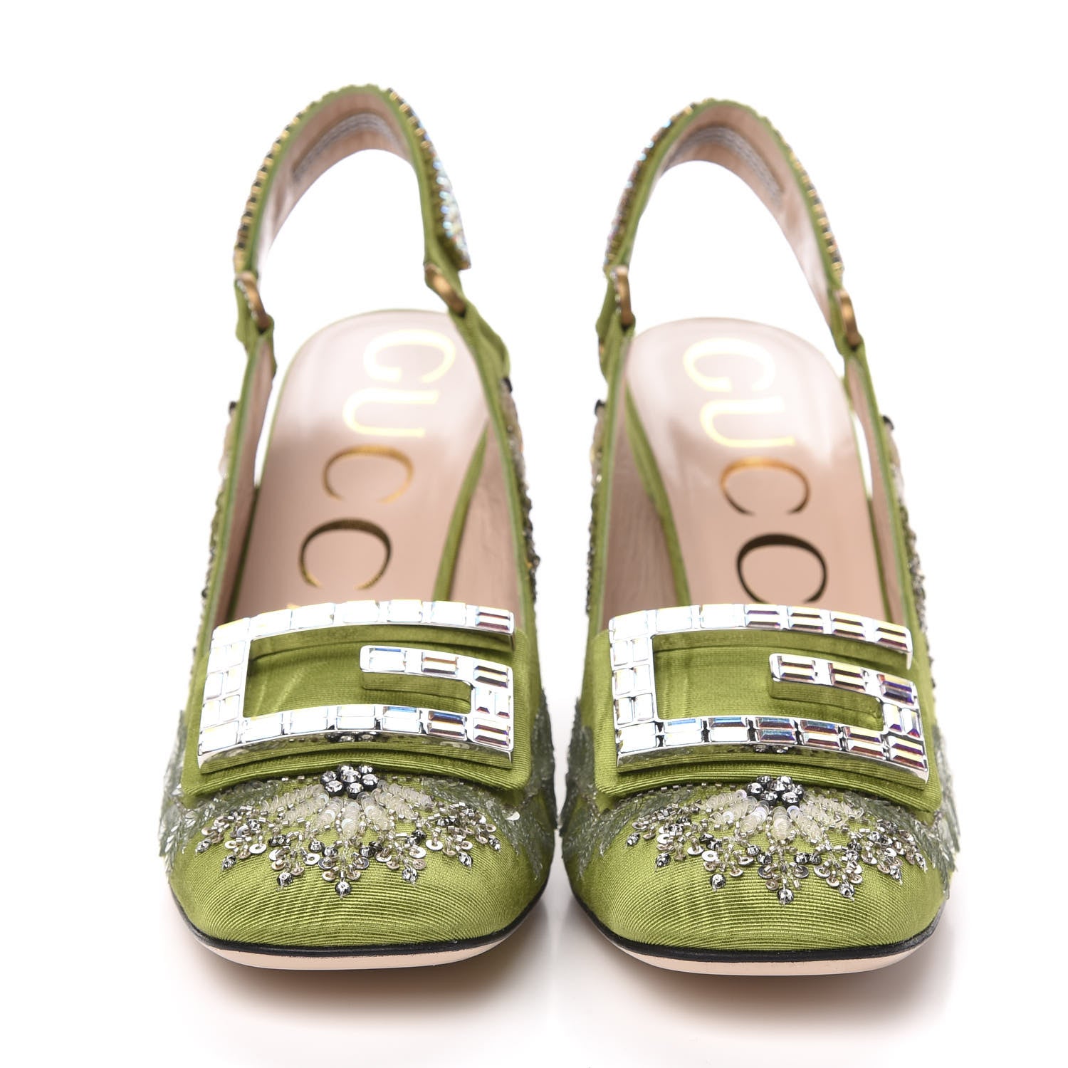 Gucci Moire Fabric Eyes Crystal Square G Madelyn Slingbacks 37.5 Lemon Leaf 2 of 11
