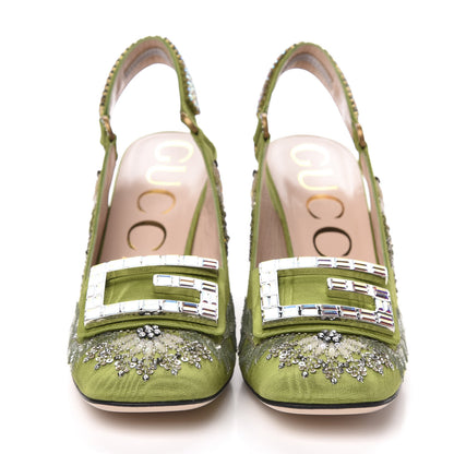Gucci Moire Fabric Eyes Crystal Square G Madelyn Slingbacks 37.5 Lemon Leaf 2 of 11