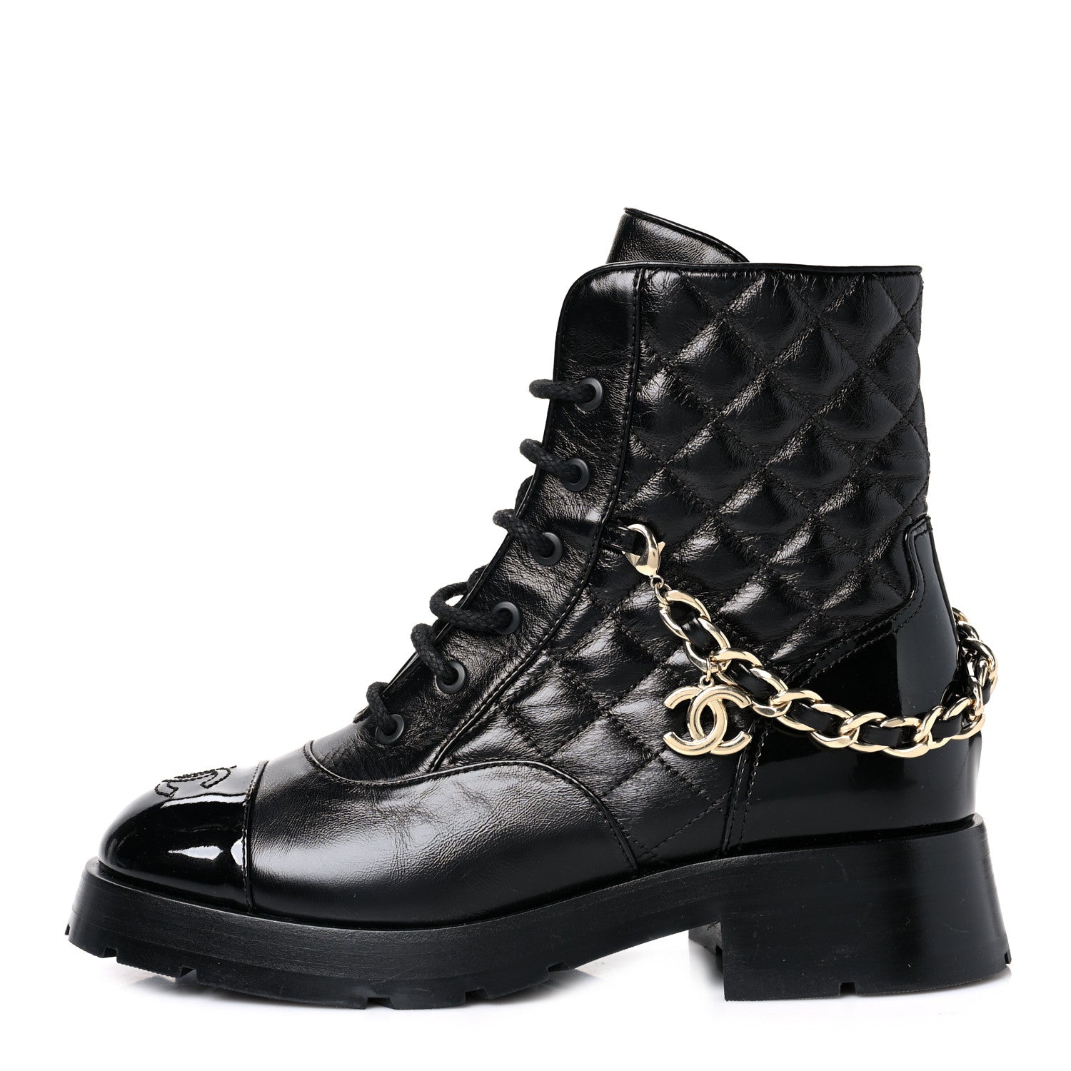 Chanel Shiny Calfskin Patent Quilted Chain Lace Up Combat Boots 37.5 Black 1 of 8
