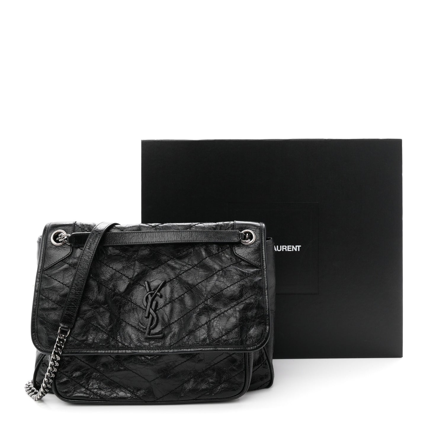 Crinkled Calfskin Matelasse Monogram Large Niki Chain Satchel Black