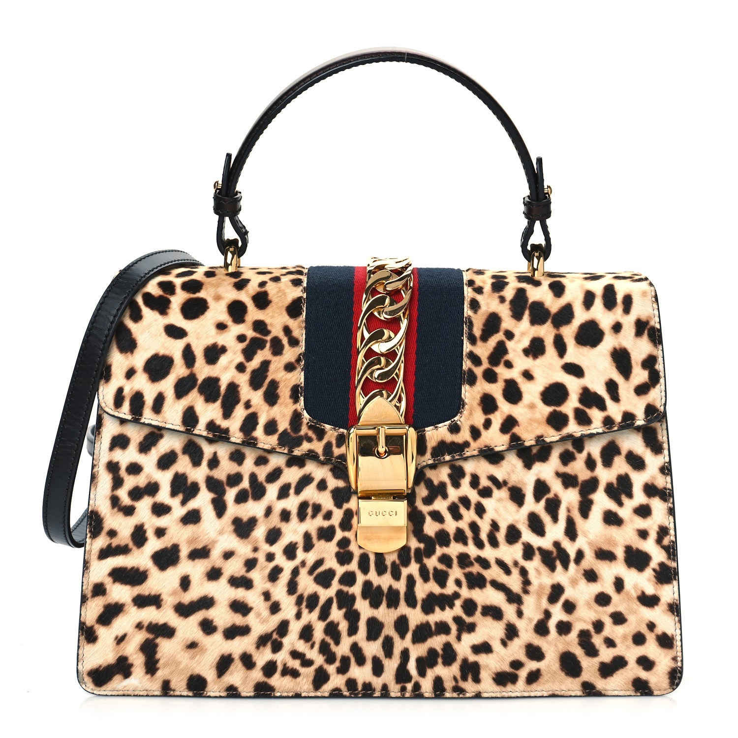 Gucci Calf Hair Leopard Print Medium Sylvie Top Handle Bag Naturale Black 1 of 10