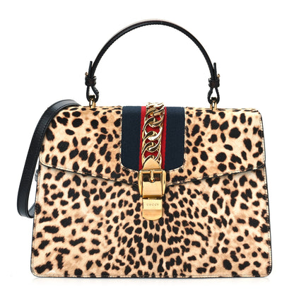 Gucci Calf Hair Leopard Print Medium Sylvie Top Handle Bag Naturale Black 1 of 10