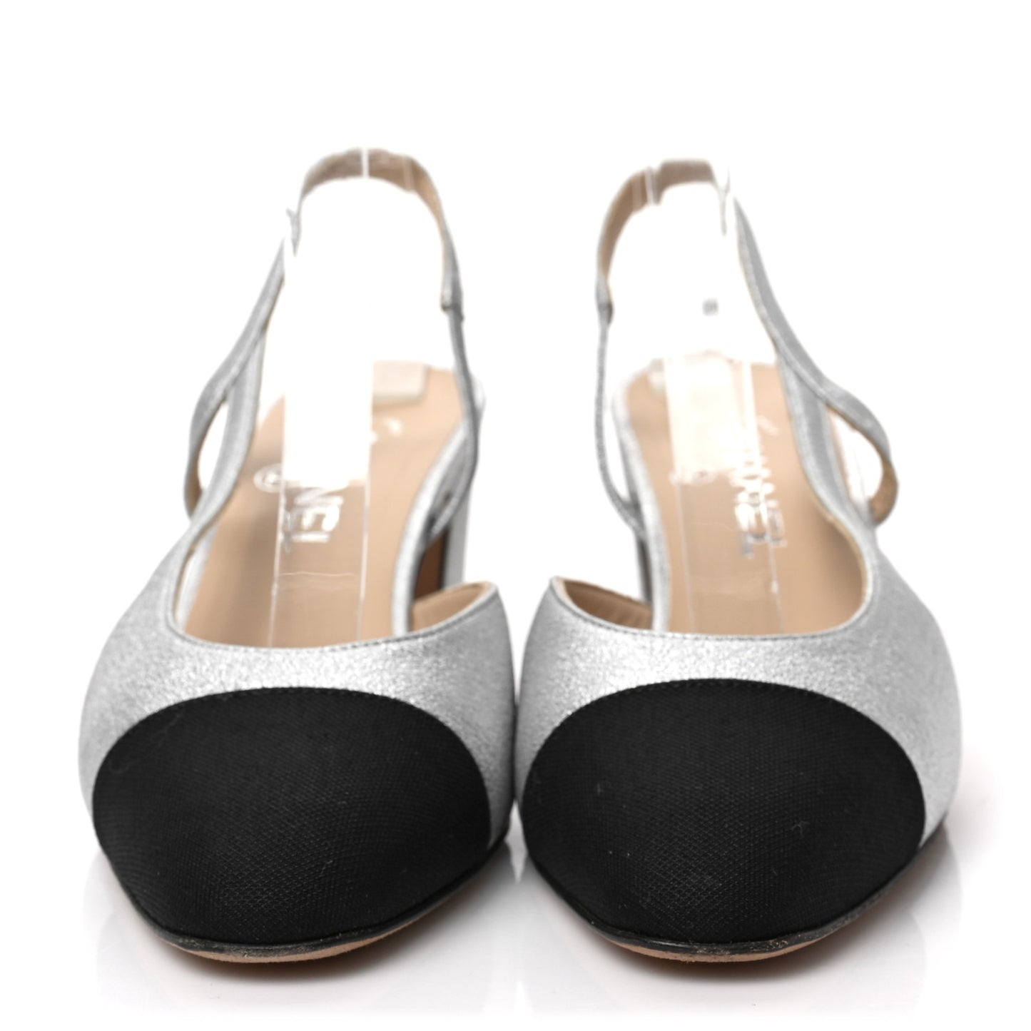 Metallic Lambskin Grosgrain Cap Toe CC Slingback Sandals 38.5 Black Silver