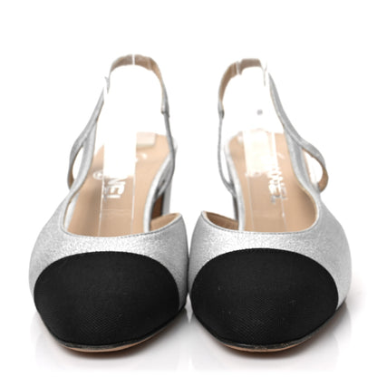 Chanel Metallic Lambskin Grosgrain Cap Toe CC Slingback Sandals 38.5 Black Silver 2 of 7