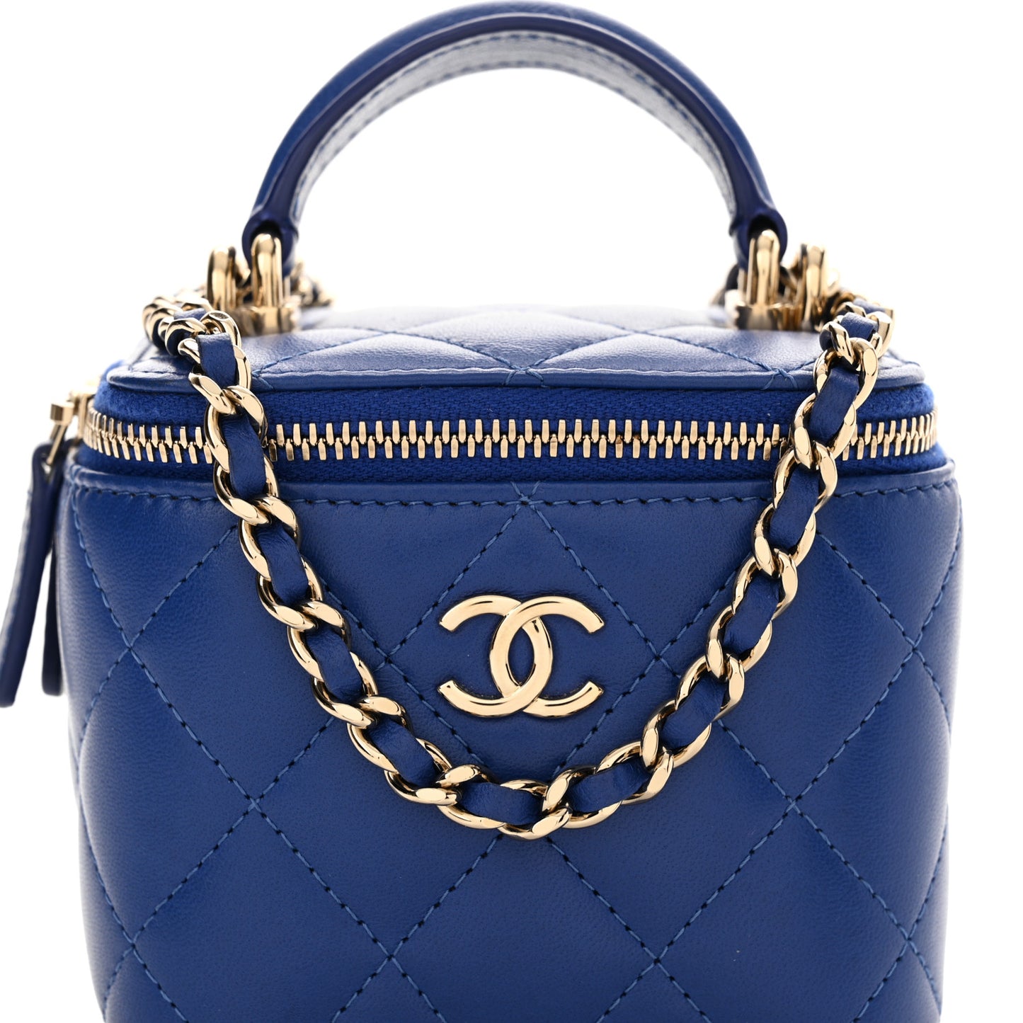 Lambskin Quilted Top Handle Mini Vanity Case With Chain Blue