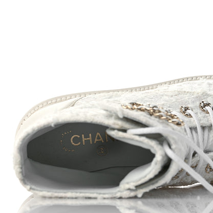 Chanel Tweed Lambskin Quilted Lace Up Combat Boots 39 White 8 of 9