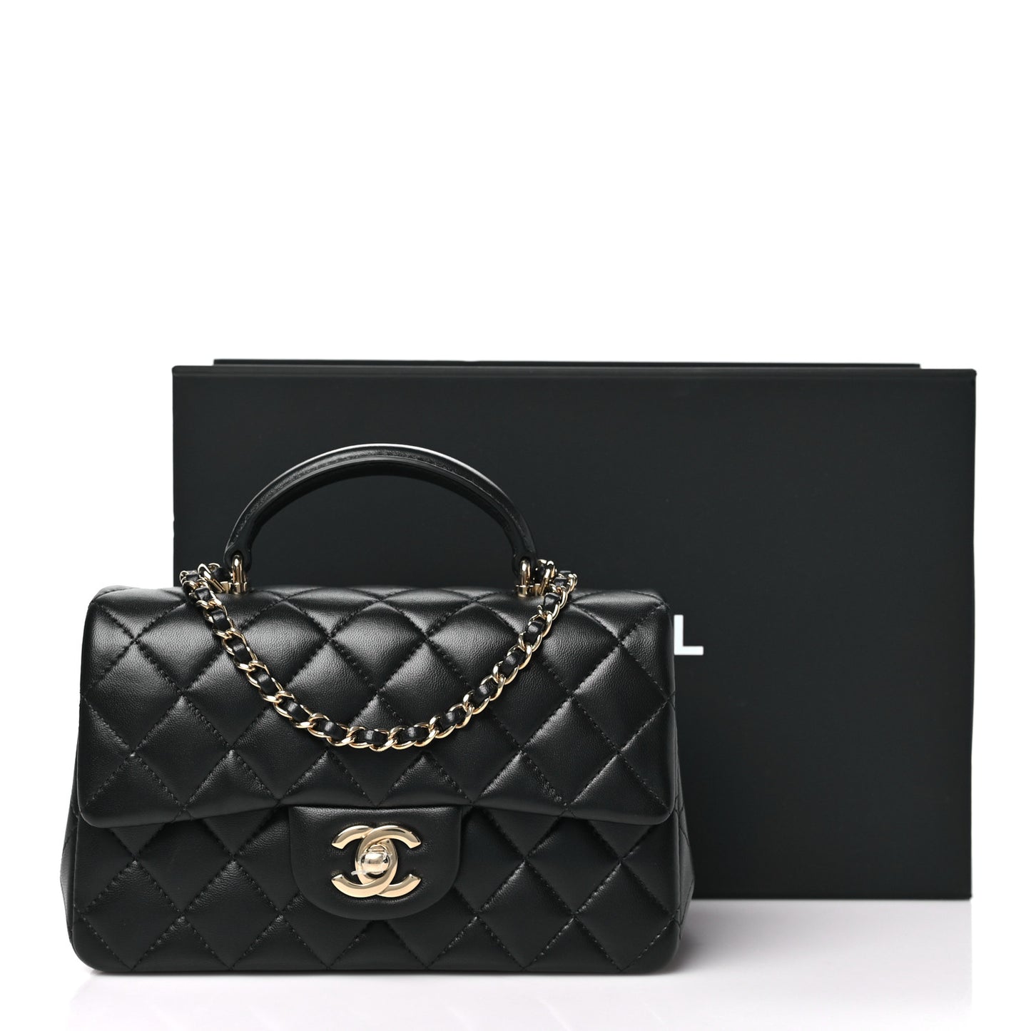 Lambskin Quilted Mini Top Handle Rectangular Flap Black