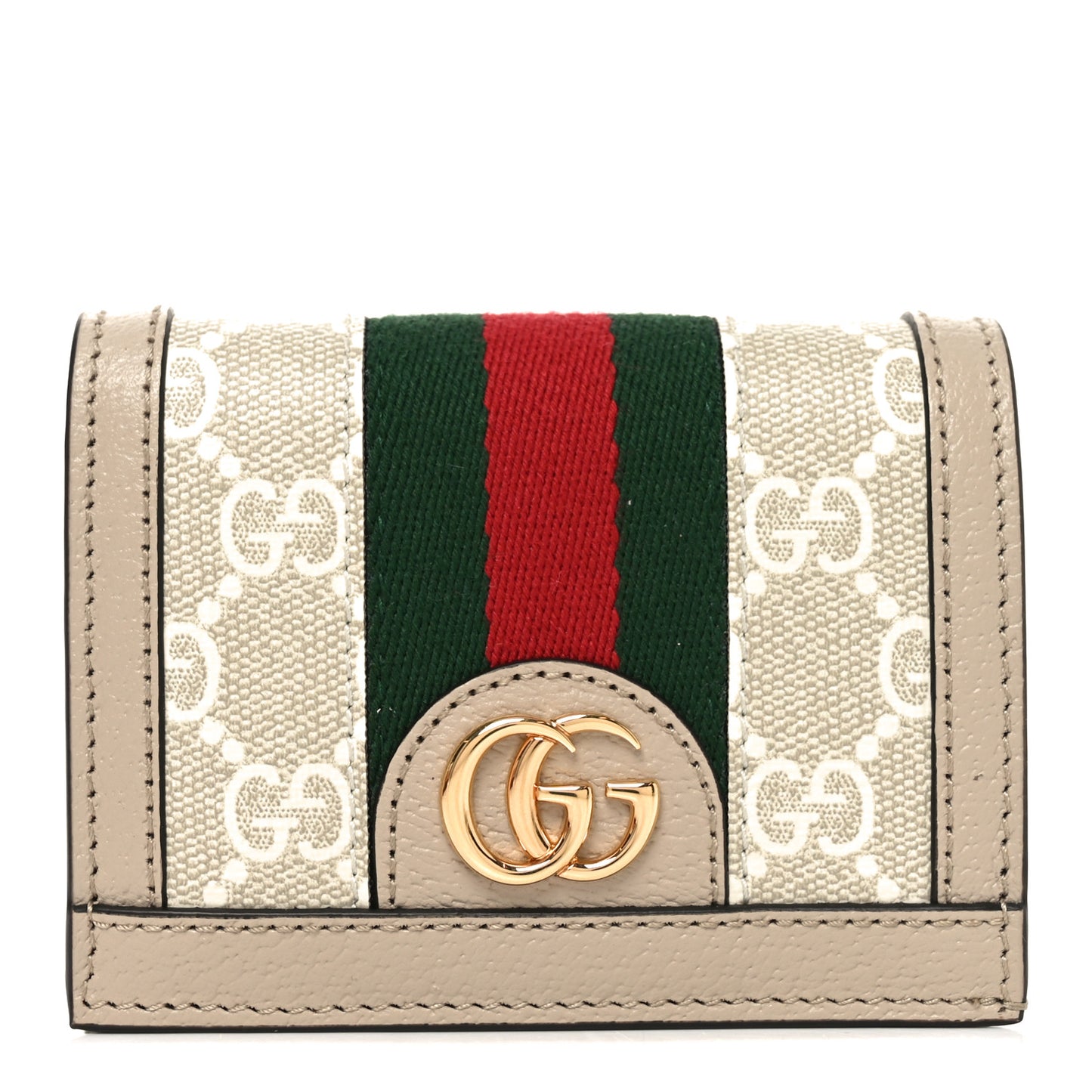 GG Supreme Monogram Textured Dollar Calfskin Web Ophidia Card Case Beige Mystic White Oatmeal