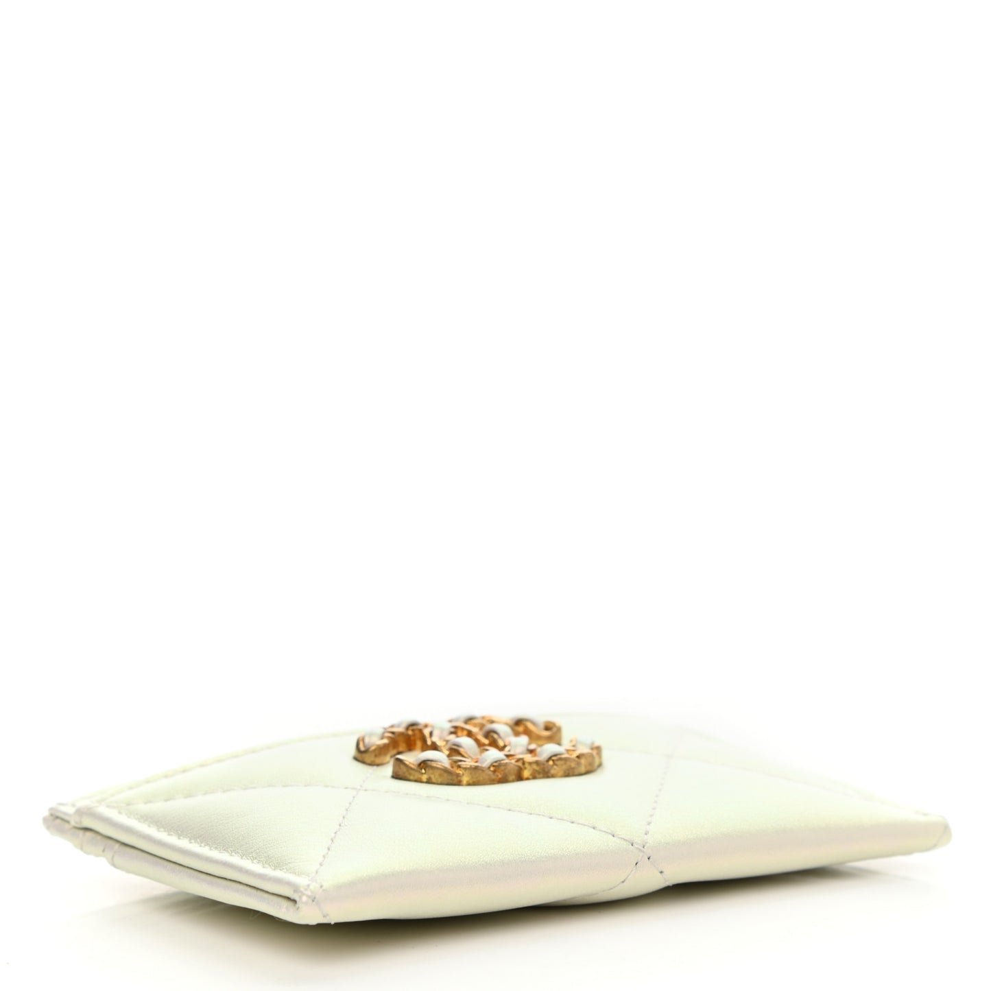 Iridescent Calfskin Quilted Chanel 19 Card Holder White