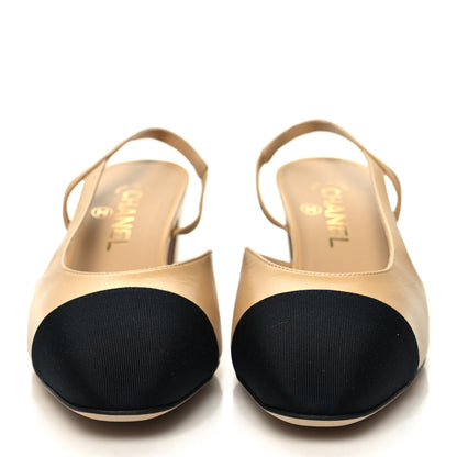 Chanel Goatskin Grosgrain Cap Toe CC Slingback Pumps 39 Beige Black 2 of 9
