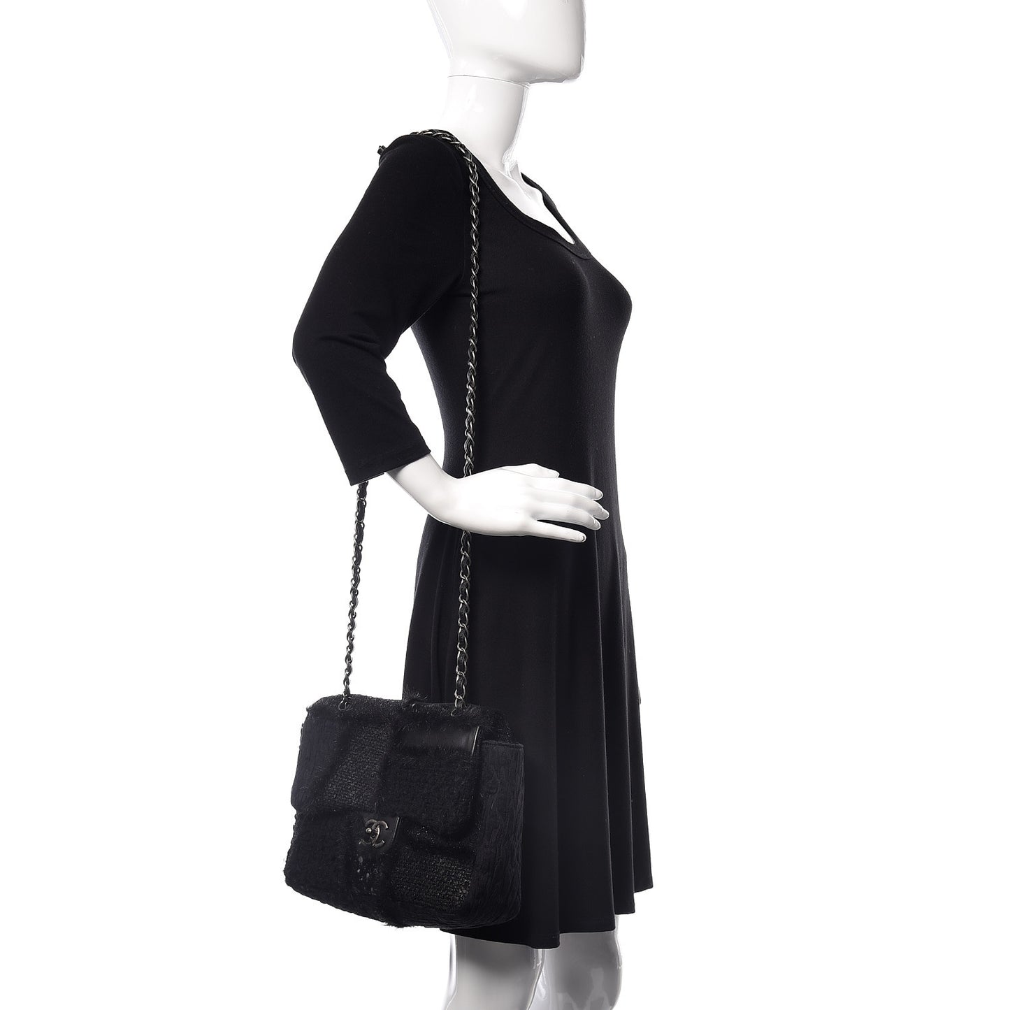 Tweed Faux Fur Patchwork Jumbo Single Flap Black