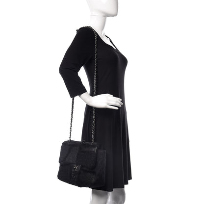Chanel Tweed Faux Fur Patchwork Jumbo Single Flap Black 2 of 10