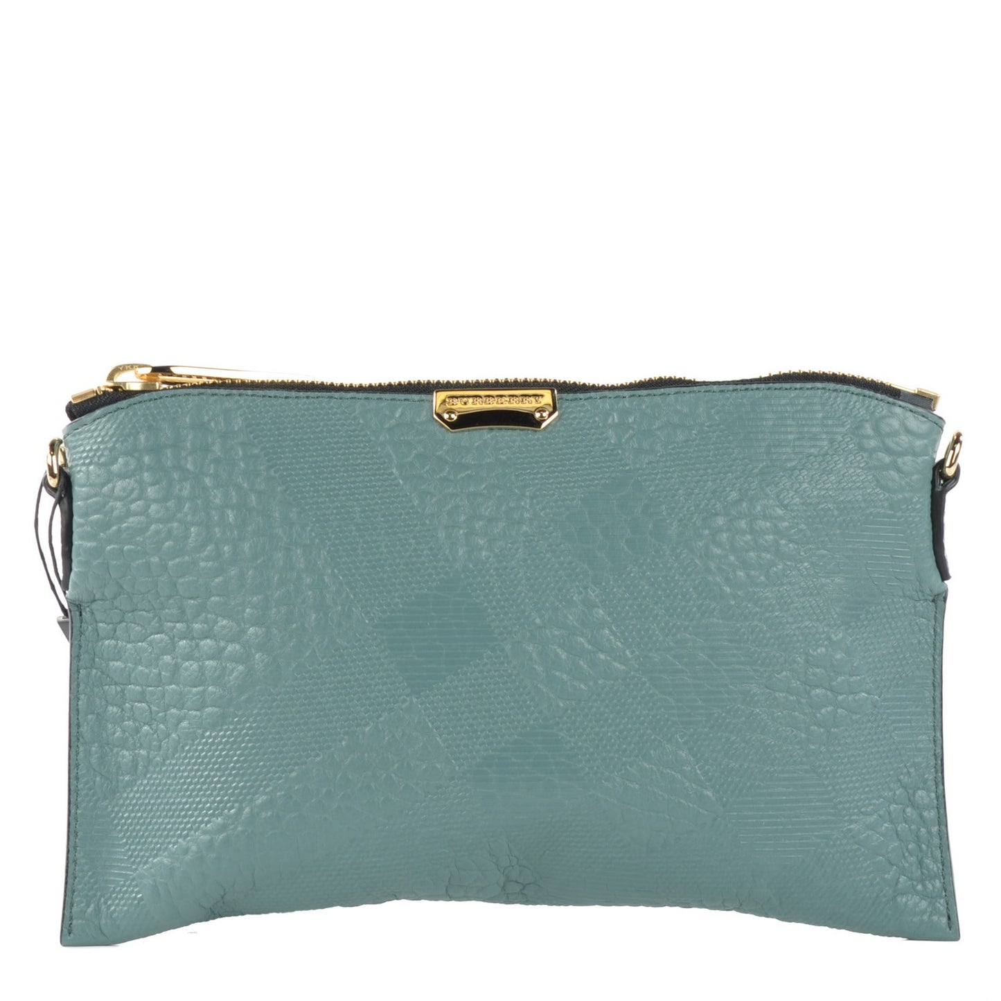Signature Grain Calfskin Check Embossed Peyton Crossbody Clutch Bag Celadon Blue