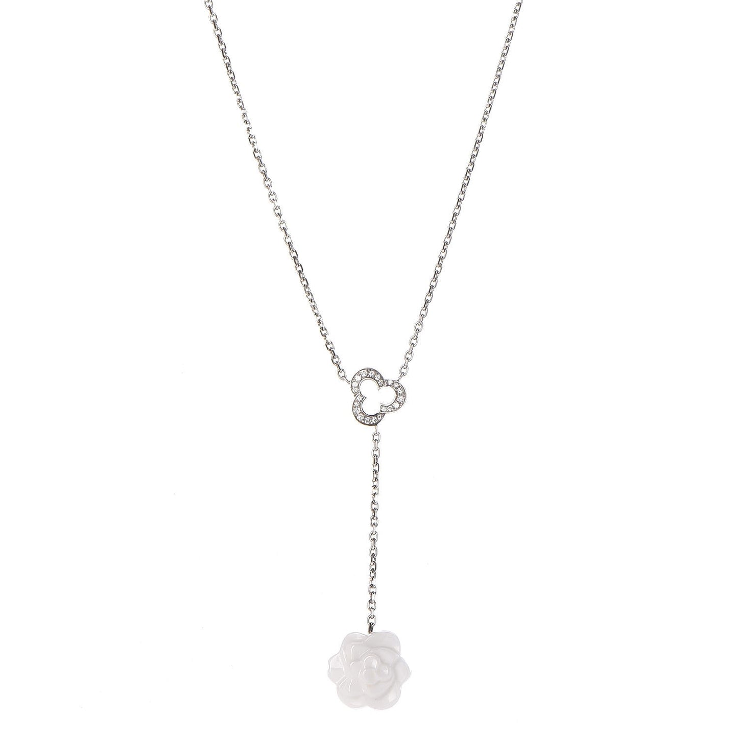 18K White Gold Diamond Agate Camelia Sculpte Pendant Necklace