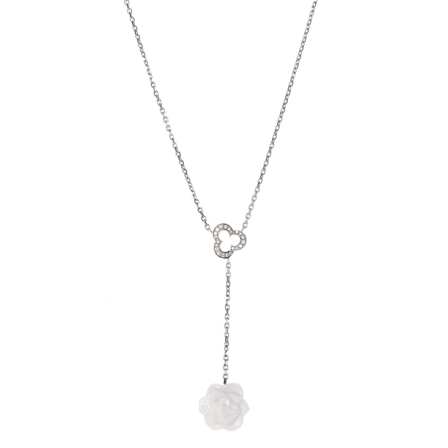 Chanel 18K White Gold Diamond Agate Camelia Sculpte Pendant Necklace 1 of 4
