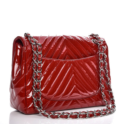 Chanel Patent Chevron Quilted Jumbo Single Flap Red 3 of 7