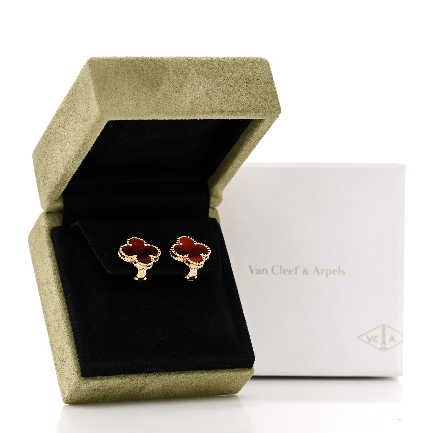 Van Cleef & Arpels 18K Yellow Gold Carnelian Vintage Alhambra Earrings 5 of 5