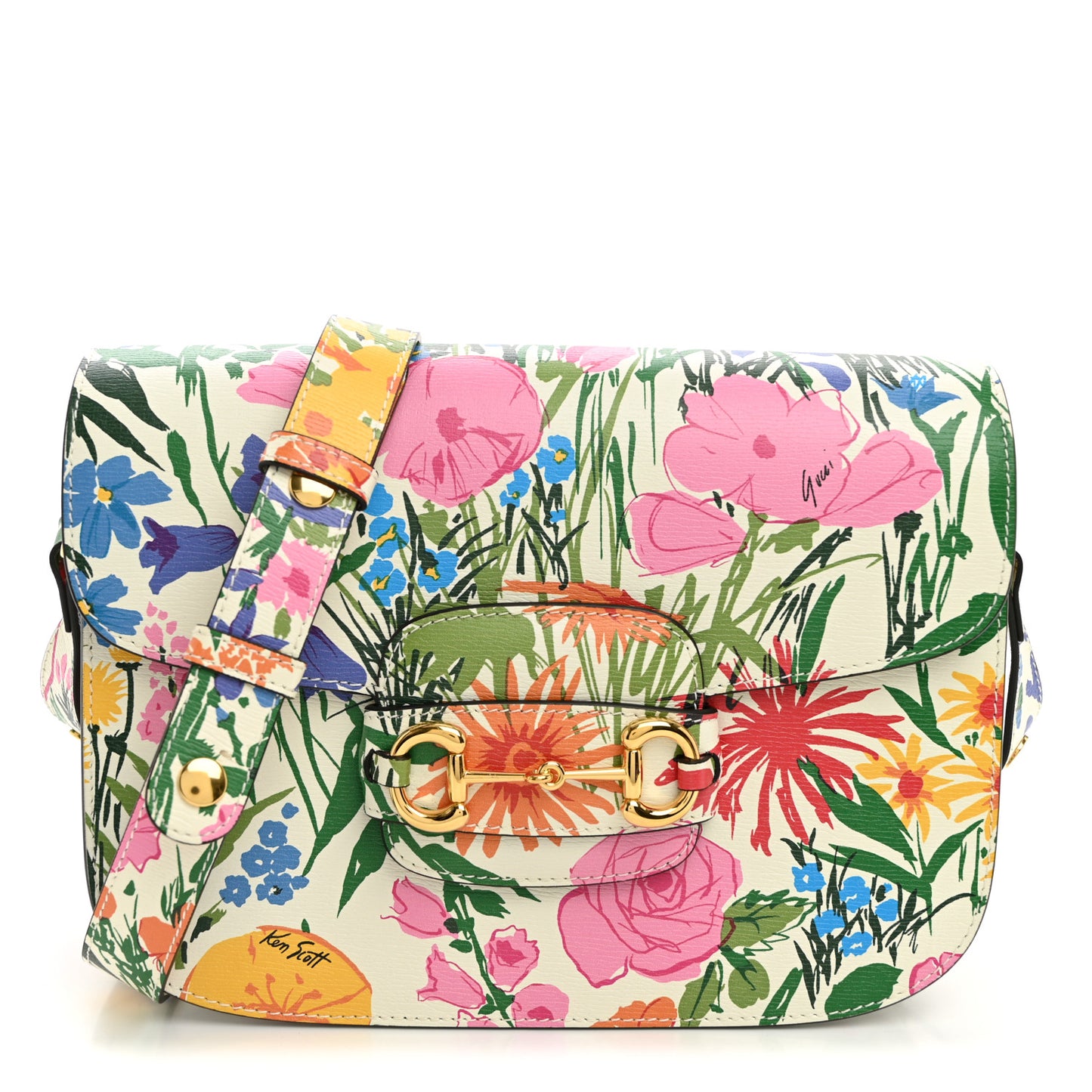 X KEN SCOTT New Shangai Calfskin Jardin D'Avril Floral Print Horsebit 1955 Shoulder Bag Ivory Pink Wild Rose