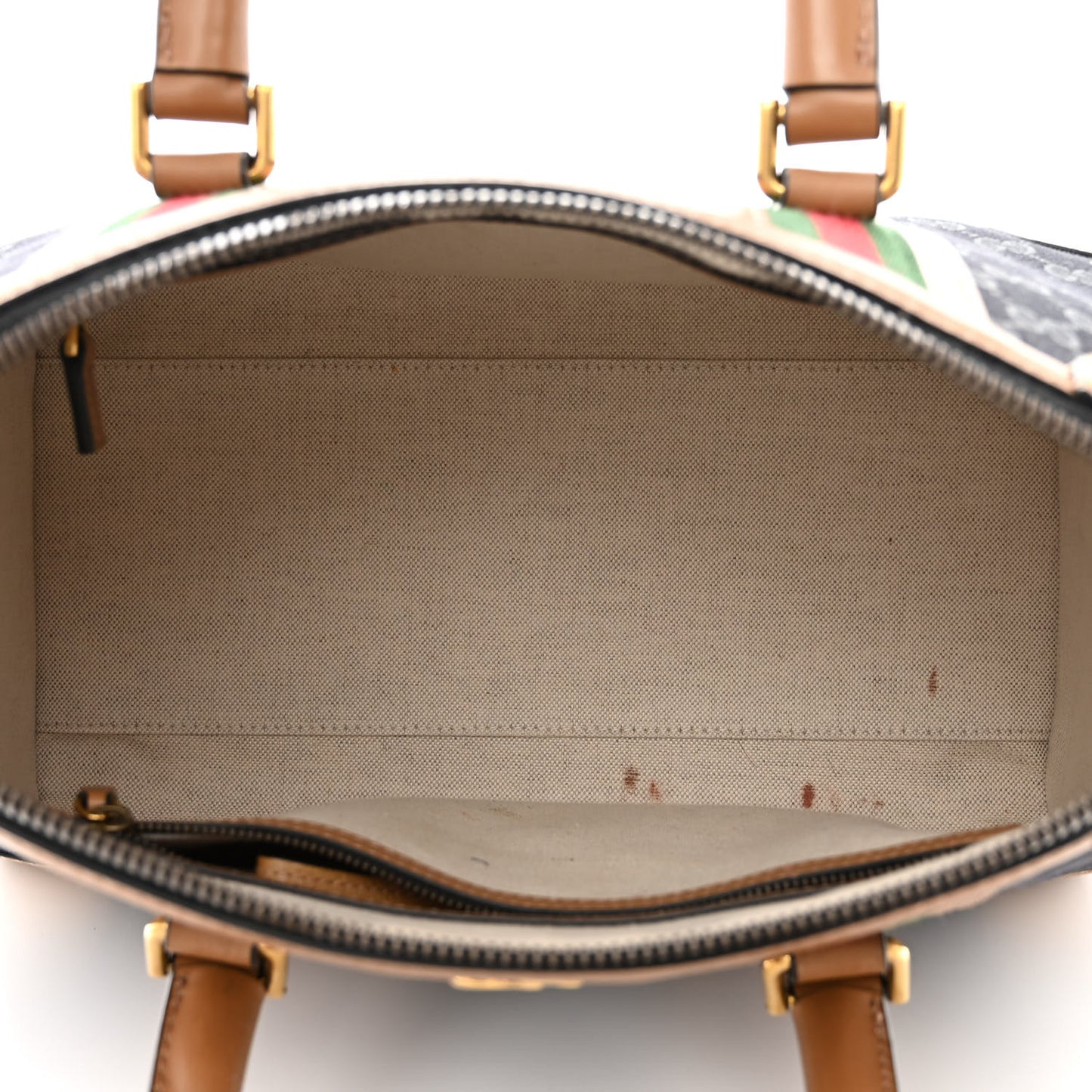 Monogram Textured Dollar Calfskin Web Medium Bauletto Duffle Top Handle Bag Black Koi Beige