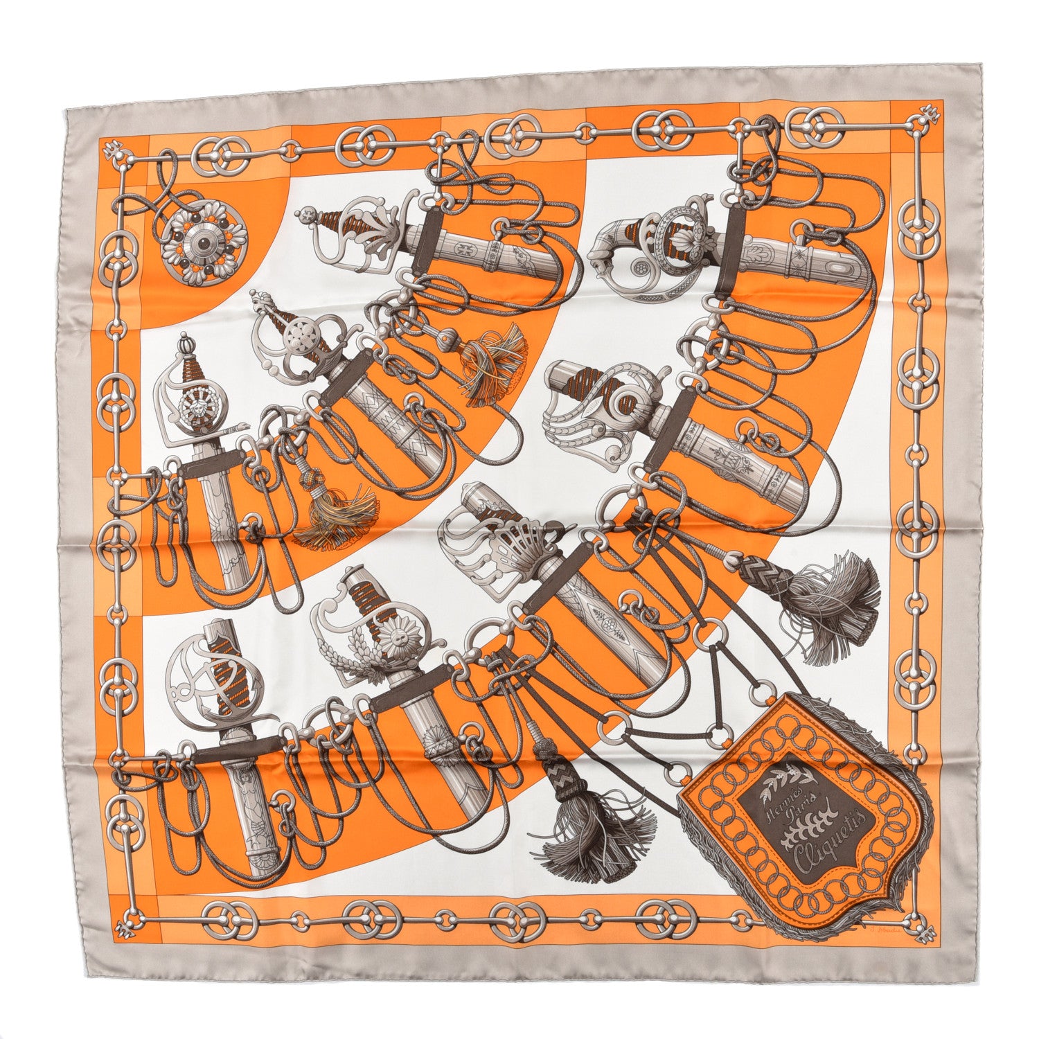 Hermes Silk Cliquetis Scarf 90 Orange Gris White 1 of 5