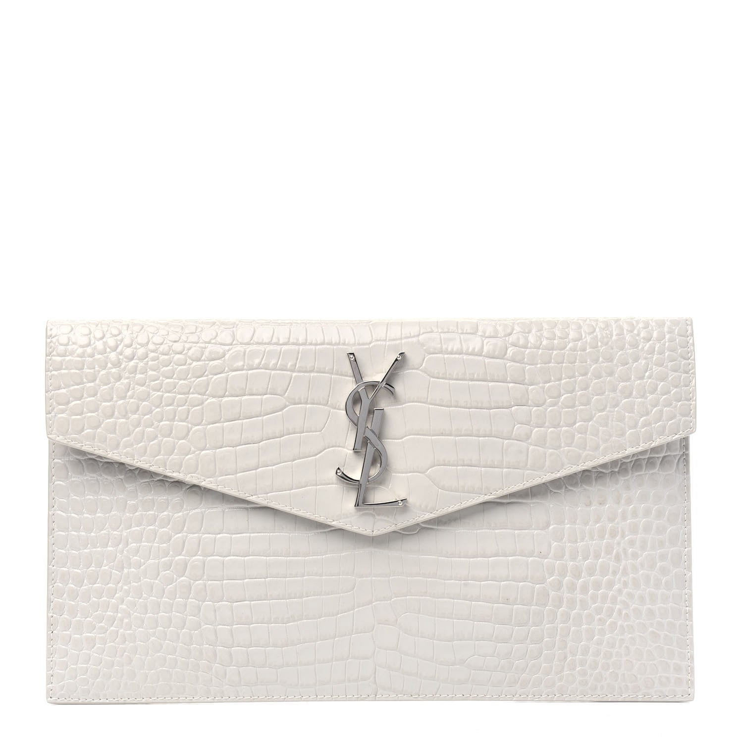Saint Laurent Calfskin Crocodile Embossed Uptown Monogram Pouch Crema Soft 1 of 13