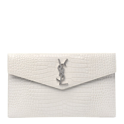 Saint Laurent Calfskin Crocodile Embossed Uptown Monogram Pouch Crema Soft 1 of 13