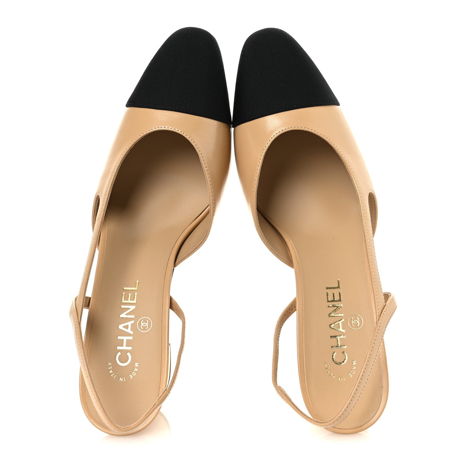 Chanel Goatskin Grosgrain Cap Toe CC Slingback Pumps 40 Beige Black 2 of 11