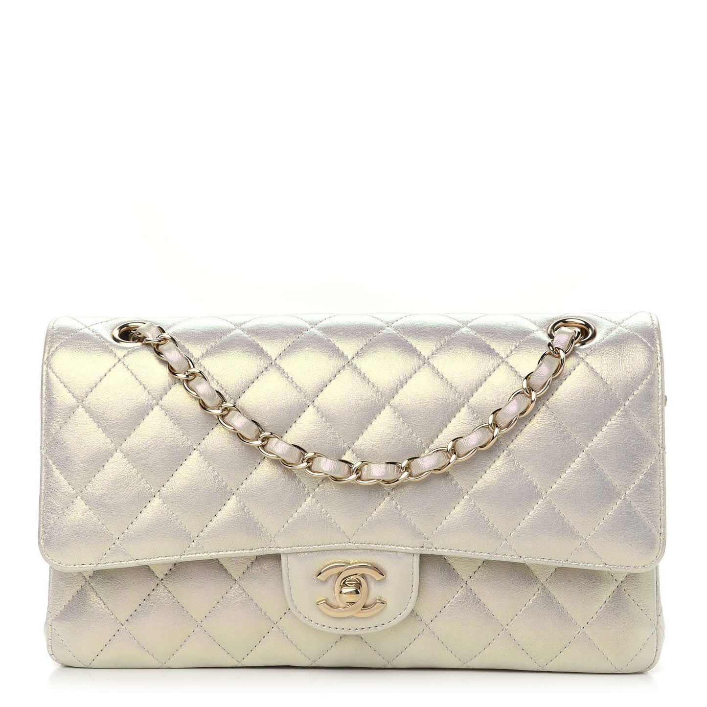 Iridescent Lambskin Quilted Medium Double Flap Ivory