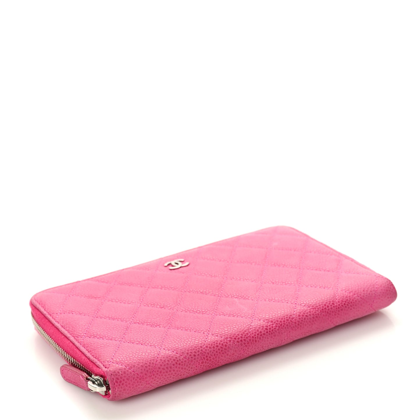 Iridescent Caviar Quilted Large Zip Around Organizer Wallet Pink