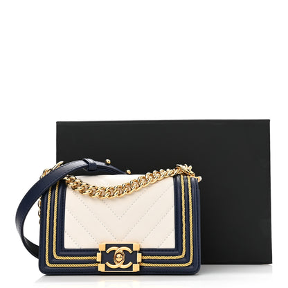 Chanel Calfskin Chevron Quilted Braided Small Boy Flap White Navy 11 of 11