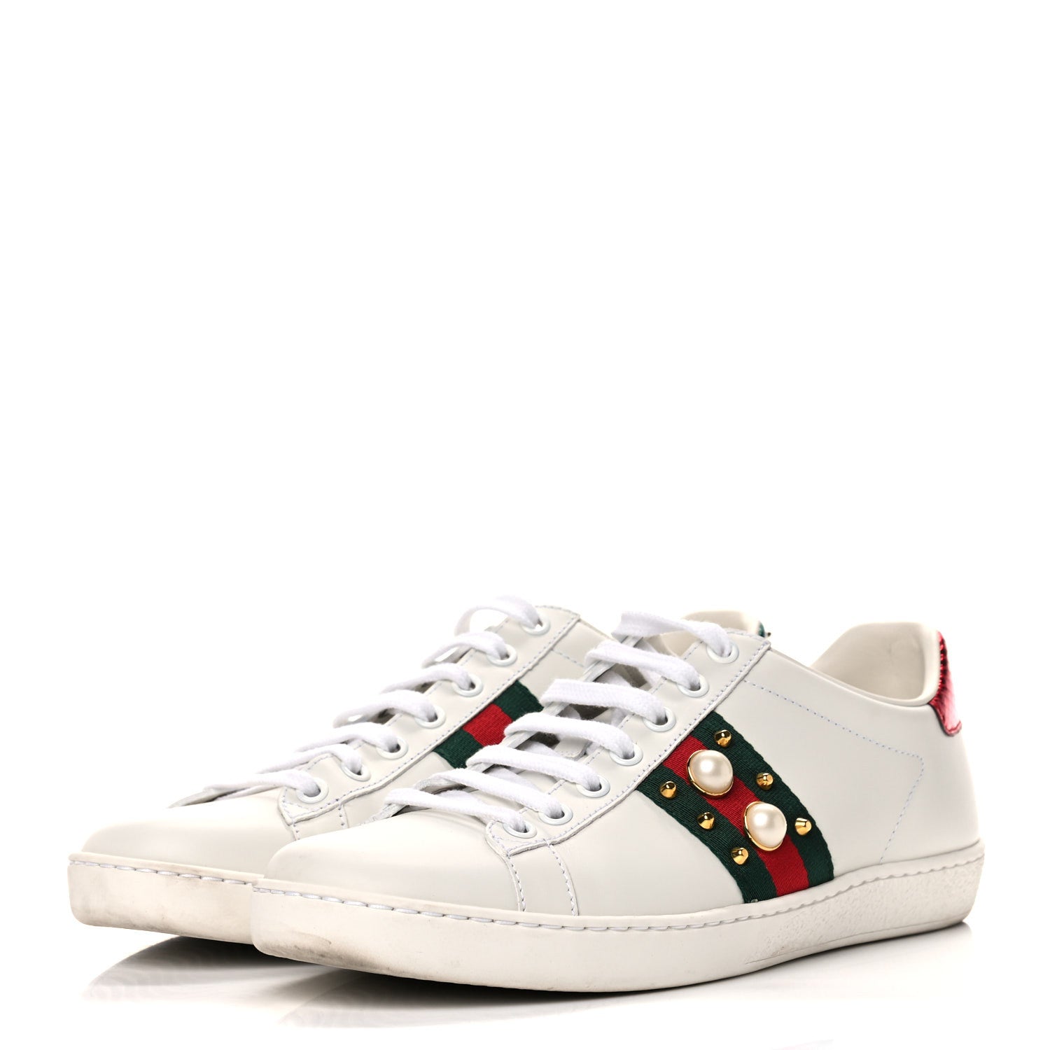 Gucci Calfskin Web Pearl Studded Womens Ace Sneakers 38 White 3 of 15