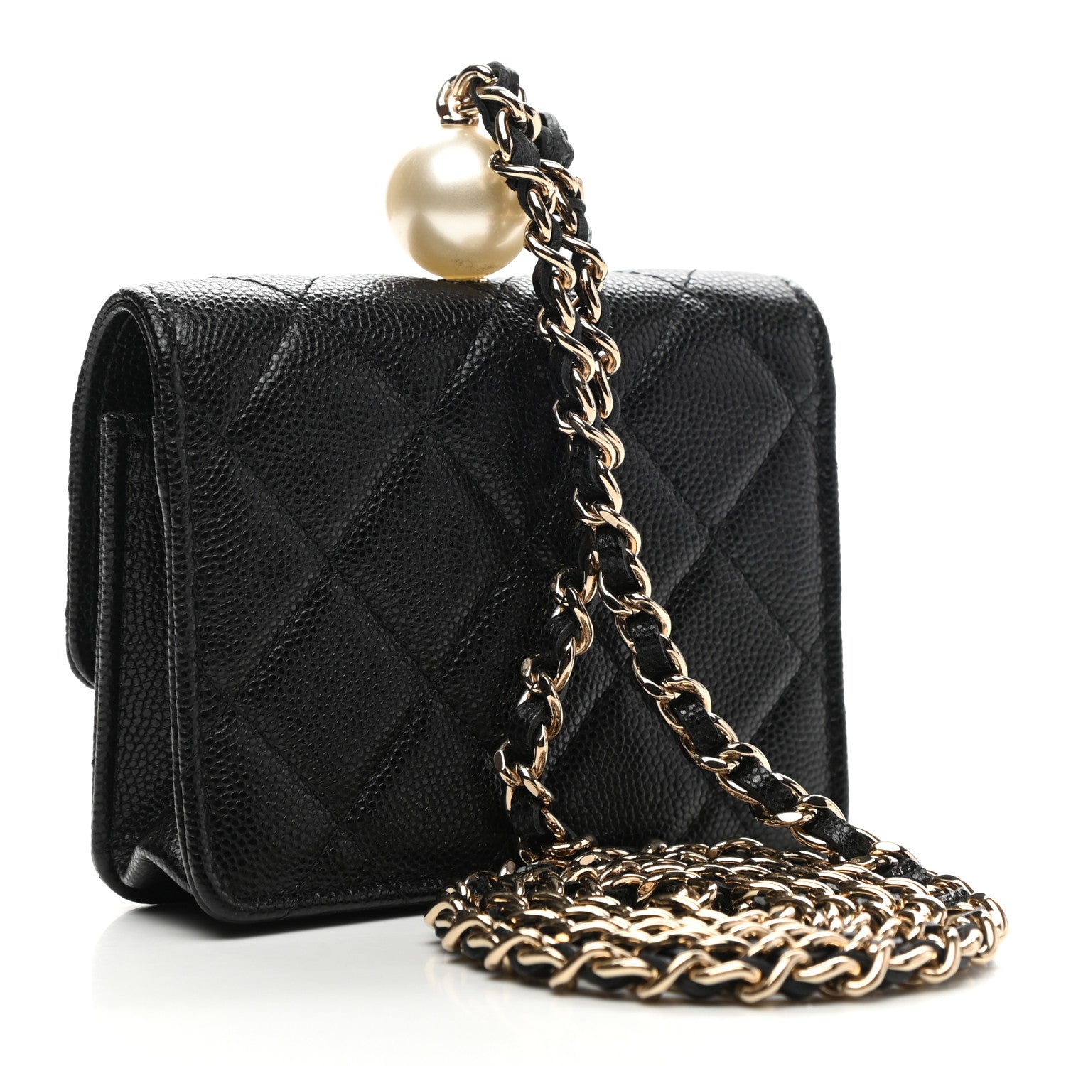 Chanel Caviar Quilted Mini Pearl On Top Coin Purse With Chain Black 2 of 9