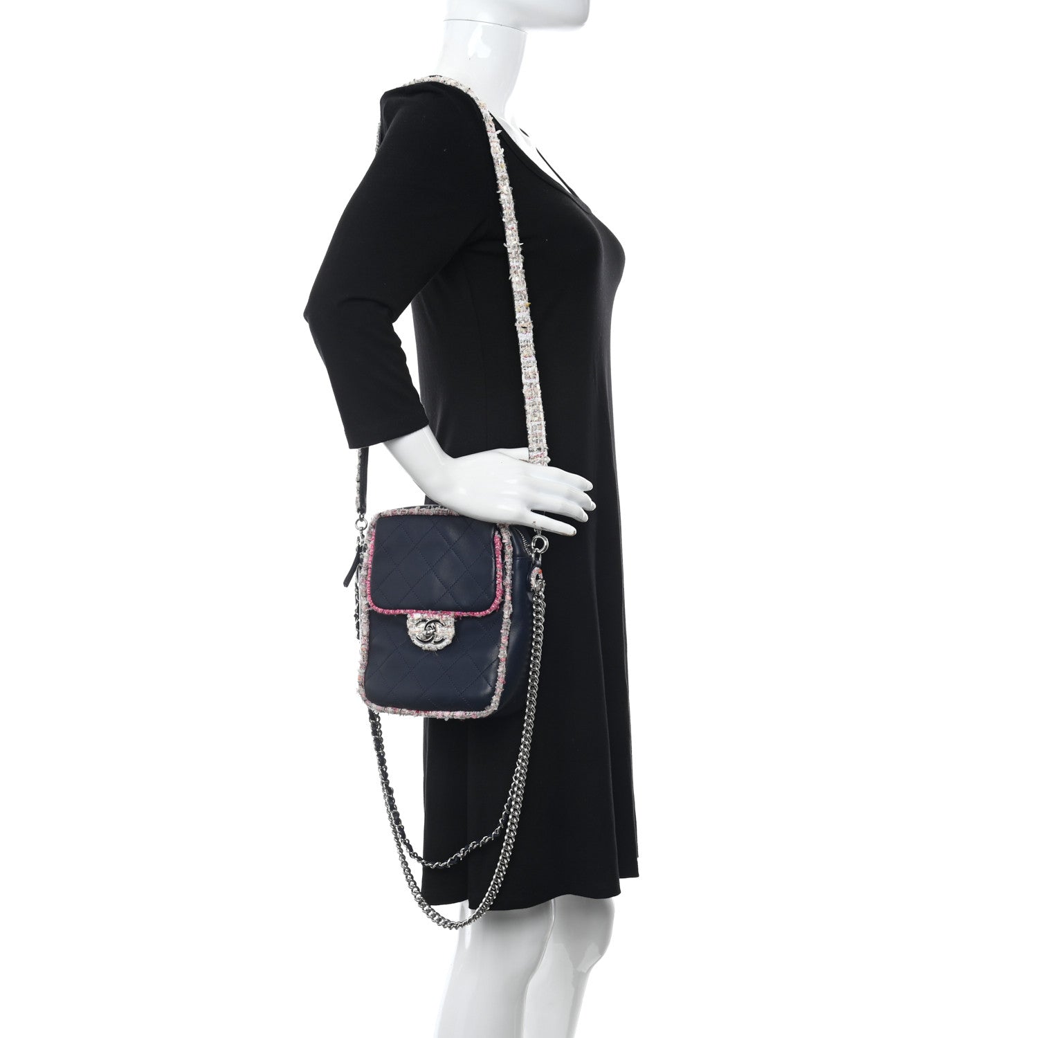 Chanel Lambskin Tweed Trim Vertical Camera Case Navy 2 of 10