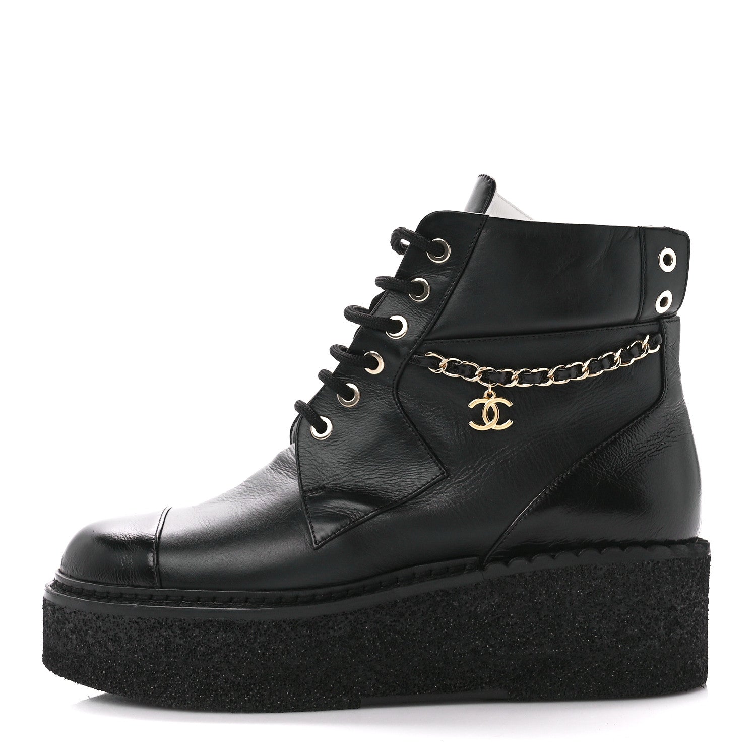 Chanel Calfskin Shiny Calfskin Chain Lace Up CC Short Boots 38 Black 1 of 8