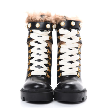 Gucci Magnum Calfskin Fur Pearl Lace Up Combat Ankle Boots 39 Black Naturale 2 of 8