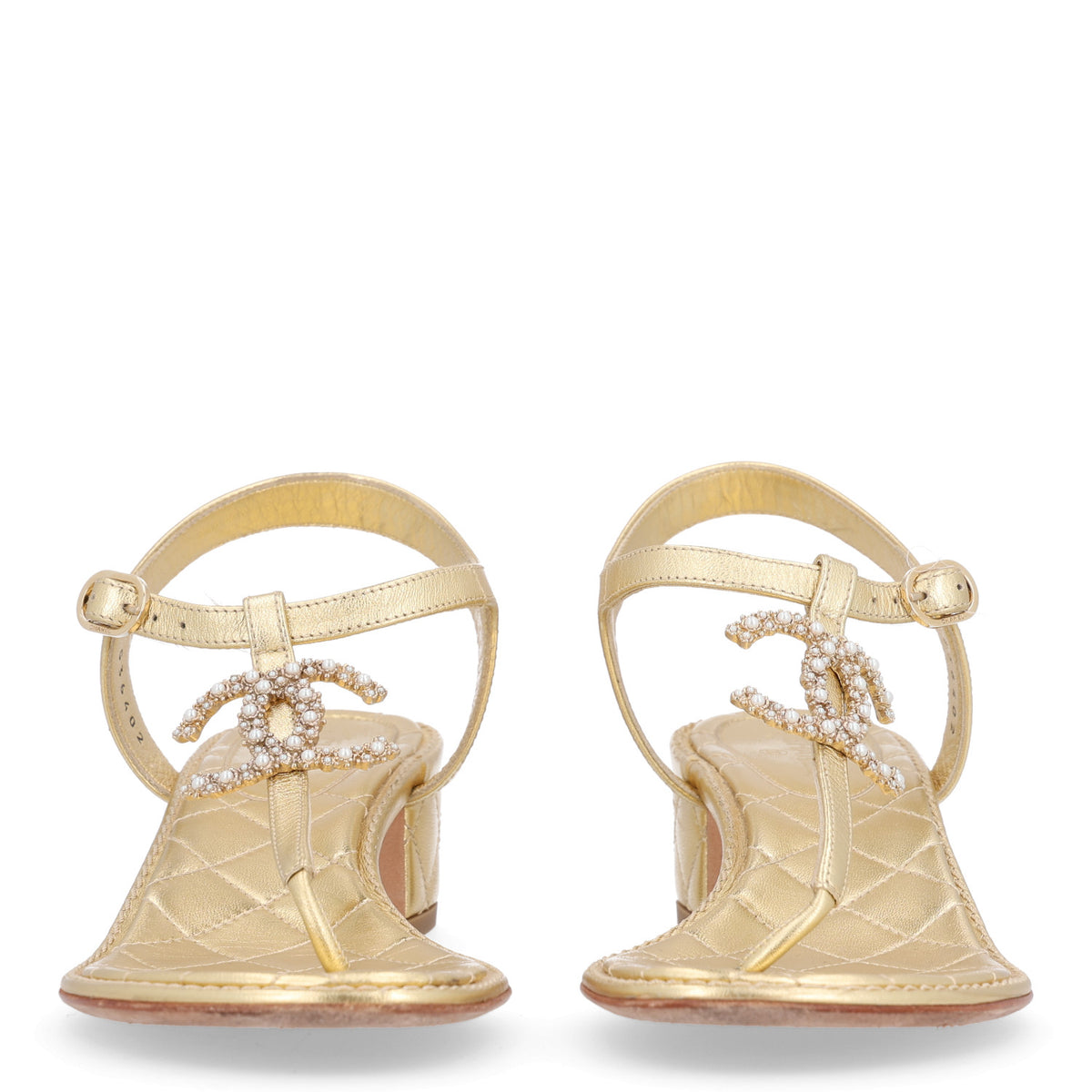 Laminated Lambskin Quilted CC Pearl Thong Sandals 39 Gold