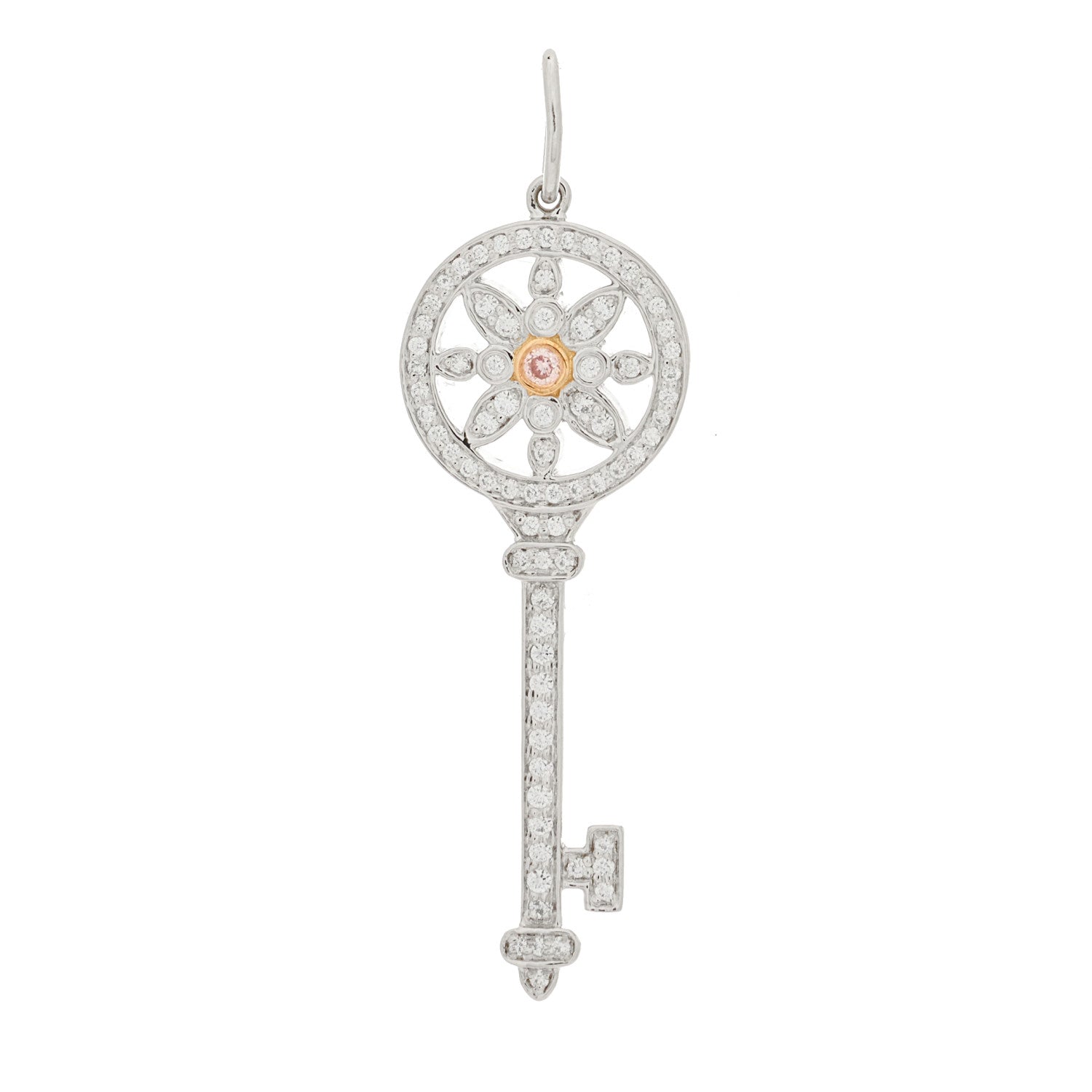 Tiffany Platinum 18K Rose Gold Pink Diamond Daisy Key Pendant 1 of 5